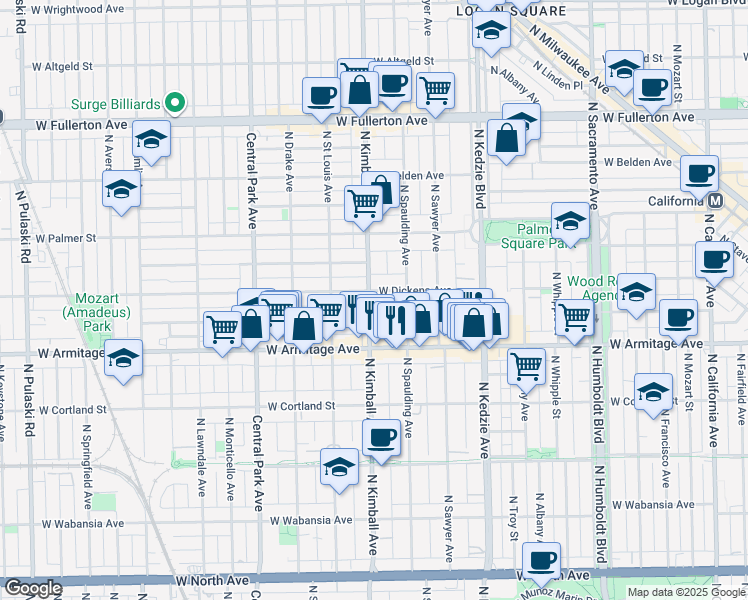 map of restaurants, bars, coffee shops, grocery stores, and more near 3335 West Dickens Avenue in Chicago