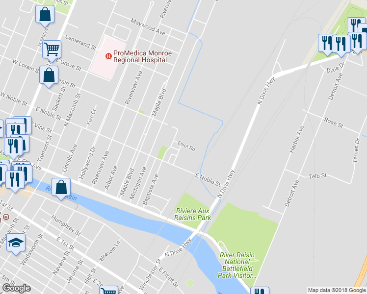 map of restaurants, bars, coffee shops, grocery stores, and more near 446 Lapointe Avenue in Monroe