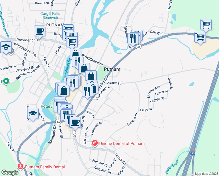 map of restaurants, bars, coffee shops, grocery stores, and more near 15 Frank Street in Putnam