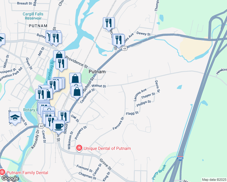 map of restaurants, bars, coffee shops, grocery stores, and more near 17 Leyden Street in Putnam