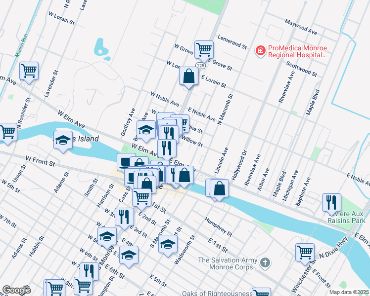 map of restaurants, bars, coffee shops, grocery stores, and more near 48 East Willow Street in Monroe