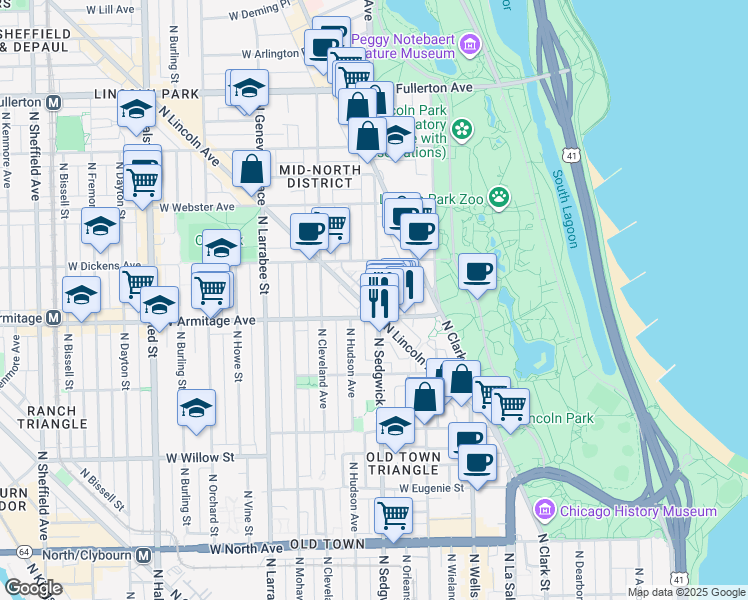 map of restaurants, bars, coffee shops, grocery stores, and more near 2008 North Sedgwick Street in Chicago
