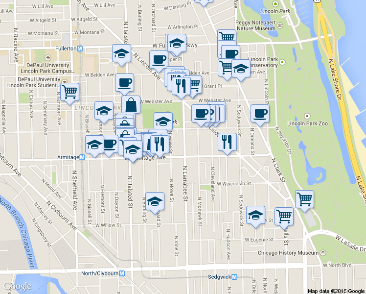 map of restaurants, bars, coffee shops, grocery stores, and more near 2037 North Larrabee Street in Chicago
