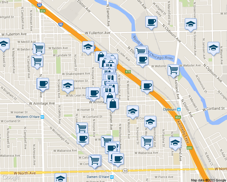 map of restaurants, bars, coffee shops, grocery stores, and more near 2042 North Damen Avenue in Chicago