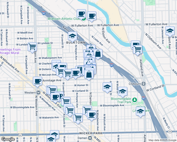 map of restaurants, bars, coffee shops, grocery stores, and more near 2042 North Damen Avenue in Chicago