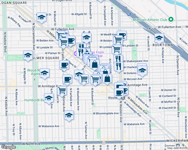 map of restaurants, bars, coffee shops, grocery stores, and more near 2084 North Milwaukee Avenue in Chicago