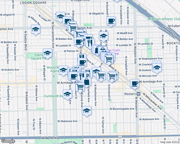 map of restaurants, bars, coffee shops, grocery stores, and more near 2123 North Point Street in Chicago