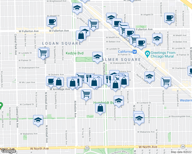 map of restaurants, bars, coffee shops, grocery stores, and more near 2053 North Whipple Street in Chicago