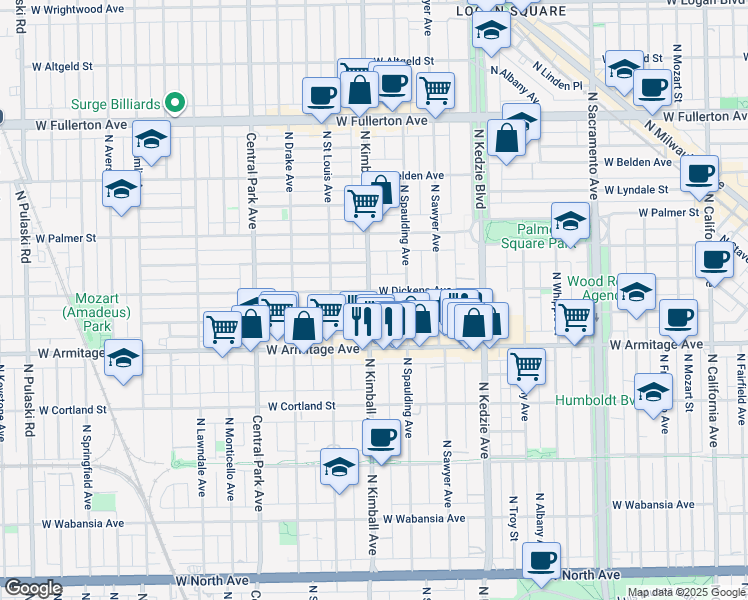map of restaurants, bars, coffee shops, grocery stores, and more near 3315 West Dickens Avenue in Chicago