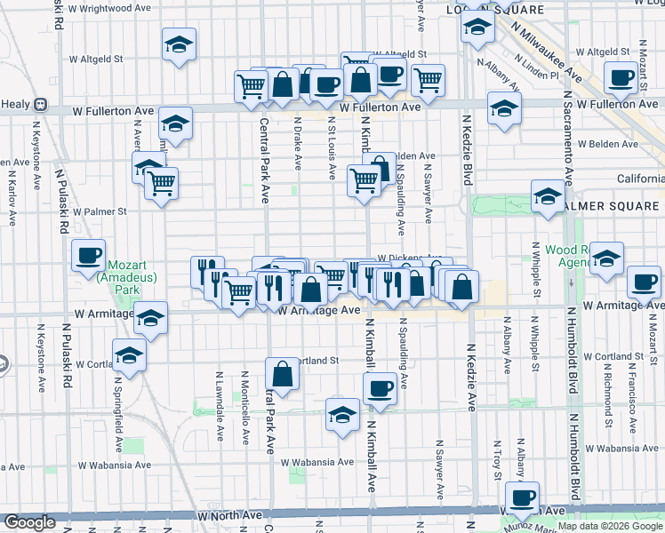 map of restaurants, bars, coffee shops, grocery stores, and more near 3509 West Dickens Avenue in Chicago