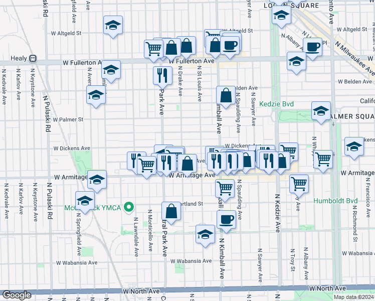 map of restaurants, bars, coffee shops, grocery stores, and more near 3507 West Dickens Avenue in Chicago