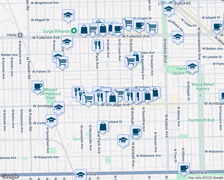 map of restaurants, bars, coffee shops, grocery stores, and more near 3549 West Dickens Avenue in Chicago
