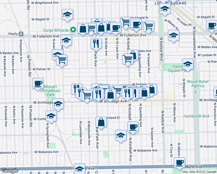 map of restaurants, bars, coffee shops, grocery stores, and more near 3549 West Dickens Avenue in Chicago