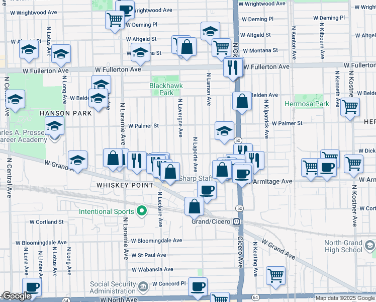 map of restaurants, bars, coffee shops, grocery stores, and more near 2108 North Laporte Avenue in Chicago