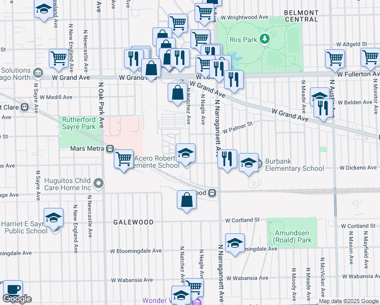 map of restaurants, bars, coffee shops, grocery stores, and more near 2125 North Natchez Avenue in Chicago