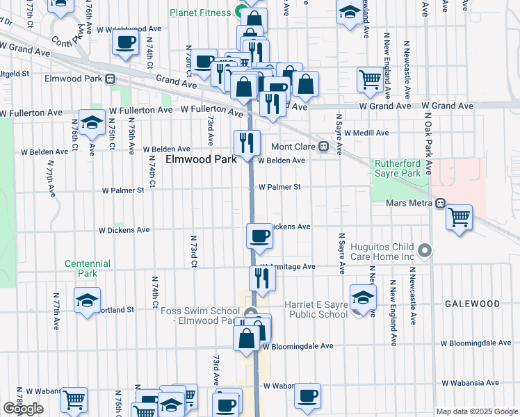 map of restaurants, bars, coffee shops, grocery stores, and more near 2139 Harlem Avenue in Chicago