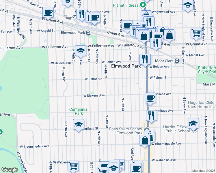 map of restaurants, bars, coffee shops, grocery stores, and more near 2128 North 74th Avenue in Elmwood Park