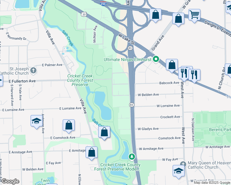 map of restaurants, bars, coffee shops, grocery stores, and more near 900 East Krage Drive in Addison