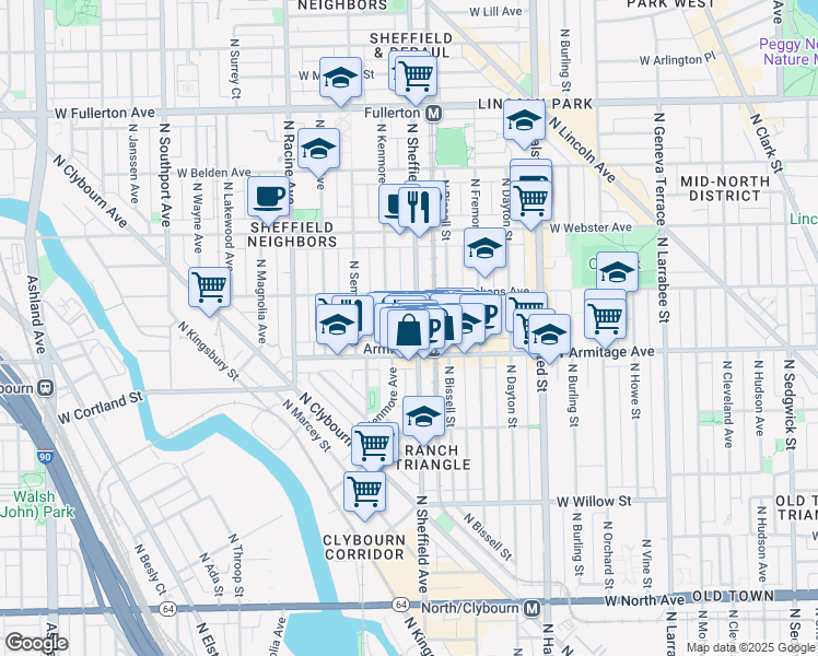 map of restaurants, bars, coffee shops, grocery stores, and more near 2028 North Sheffield Avenue in Chicago