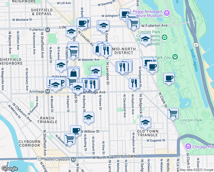 map of restaurants, bars, coffee shops, grocery stores, and more near 2037 North Larrabee Street in Chicago