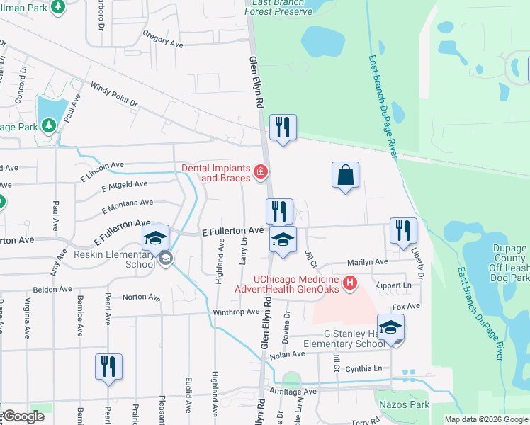map of restaurants, bars, coffee shops, grocery stores, and more near 1622 Glen Ellyn Road in Glendale Heights