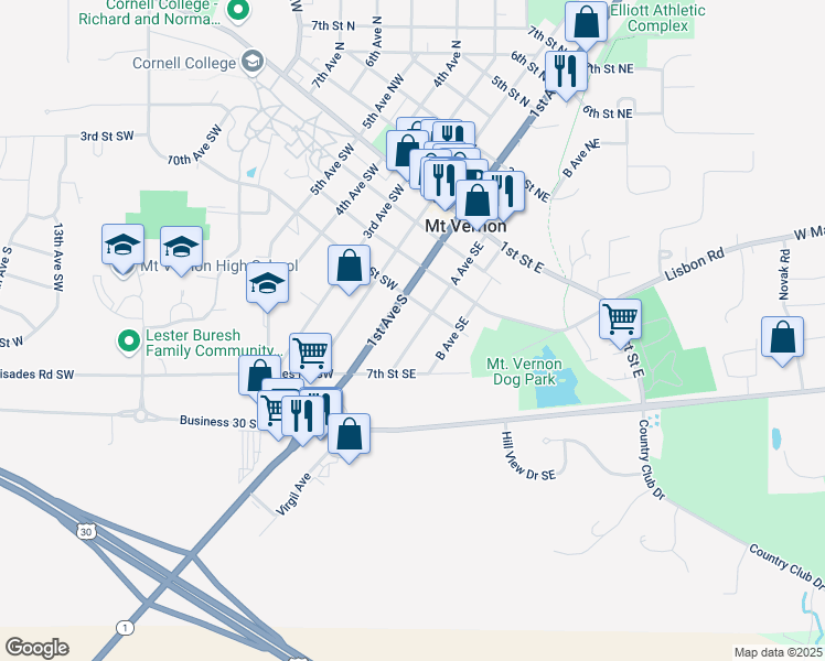map of restaurants, bars, coffee shops, grocery stores, and more near 417 A Avenue Southeast in Mount Vernon
