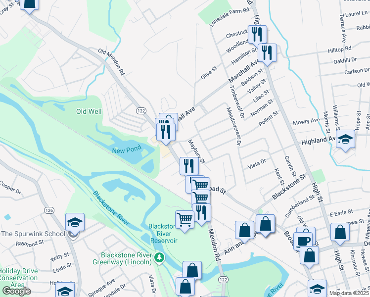 map of restaurants, bars, coffee shops, grocery stores, and more near 34 Castine Street in Cumberland