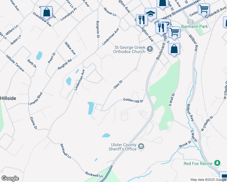 map of restaurants, bars, coffee shops, grocery stores, and more near 100 Glen Street in Kingston