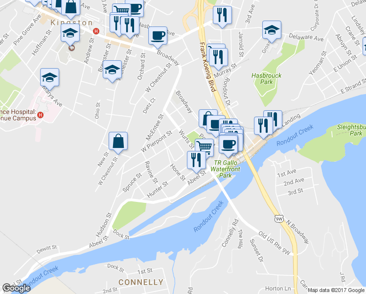 map of restaurants, bars, coffee shops, grocery stores, and more near 15 Presidents Place in Kingston