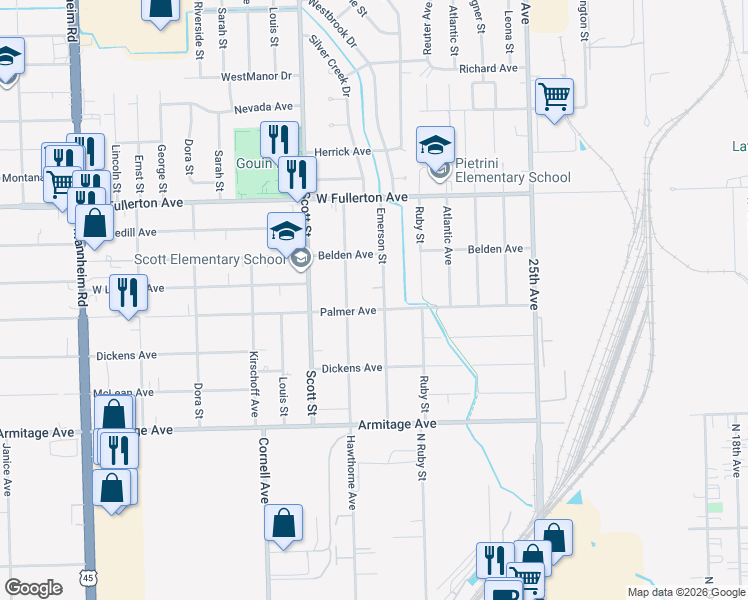 map of restaurants, bars, coffee shops, grocery stores, and more near 2208 Emerson Street in Melrose Park