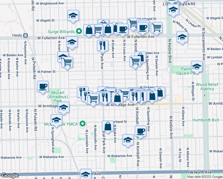 map of restaurants, bars, coffee shops, grocery stores, and more near 3549 West Dickens Avenue in Chicago
