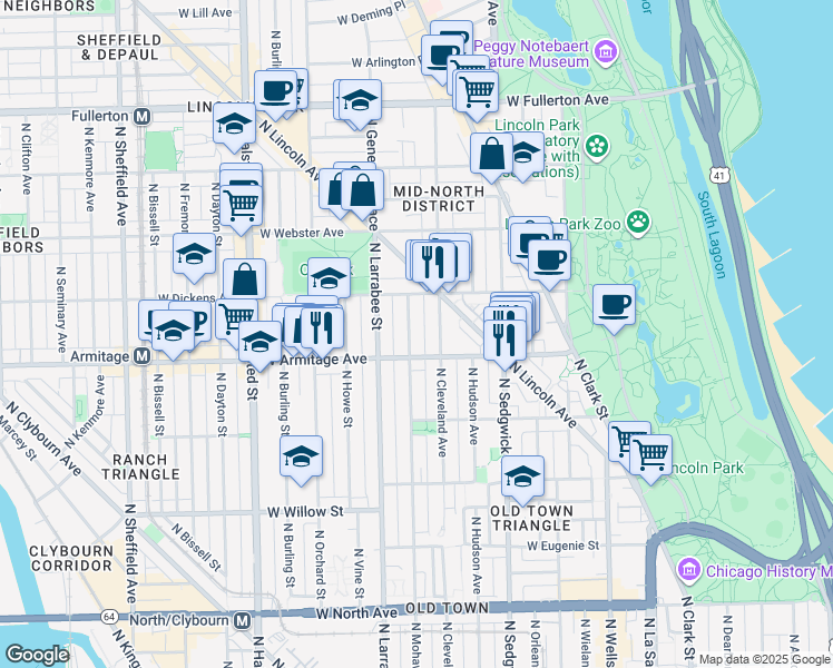 map of restaurants, bars, coffee shops, grocery stores, and more near 2021 North Mohawk Street in Chicago
