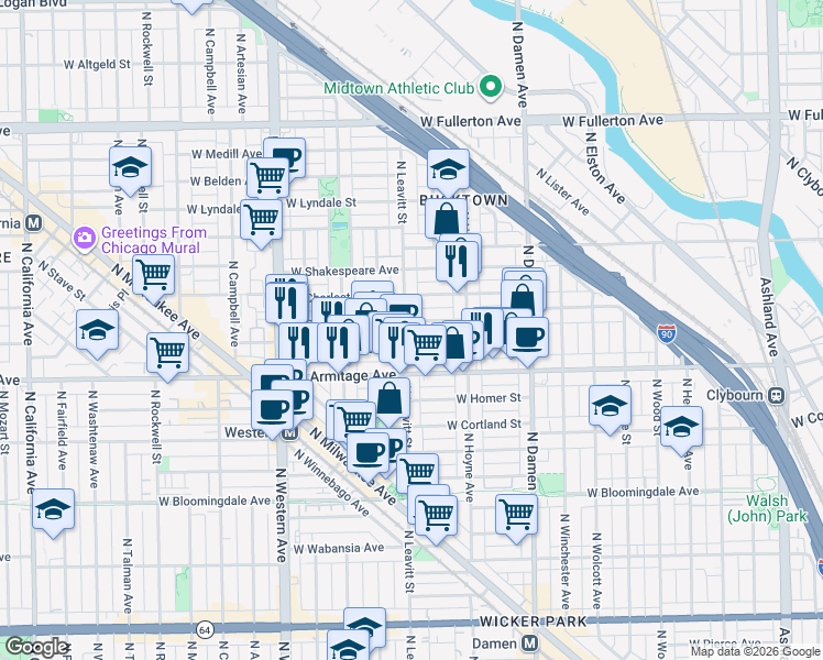 map of restaurants, bars, coffee shops, grocery stores, and more near 2043 North Leavitt Street in Chicago