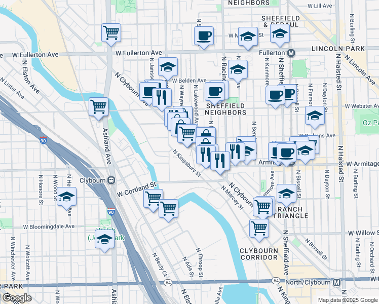 map of restaurants, bars, coffee shops, grocery stores, and more near 2070 North Clybourn Avenue in Chicago
