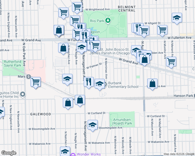 map of restaurants, bars, coffee shops, grocery stores, and more near 2122 North Mobile Avenue in Chicago