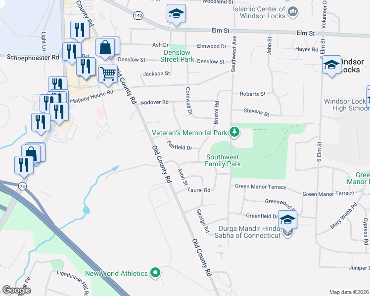 map of restaurants, bars, coffee shops, grocery stores, and more near 35 Fairfield Drive in Windsor Locks
