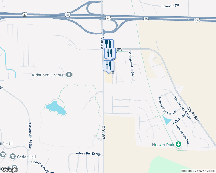 map of restaurants, bars, coffee shops, grocery stores, and more near 6001 C Street Road Southwest in Cedar Rapids