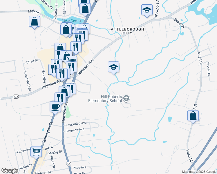 map of restaurants, bars, coffee shops, grocery stores, and more near 80 Roy Avenue in Attleboro