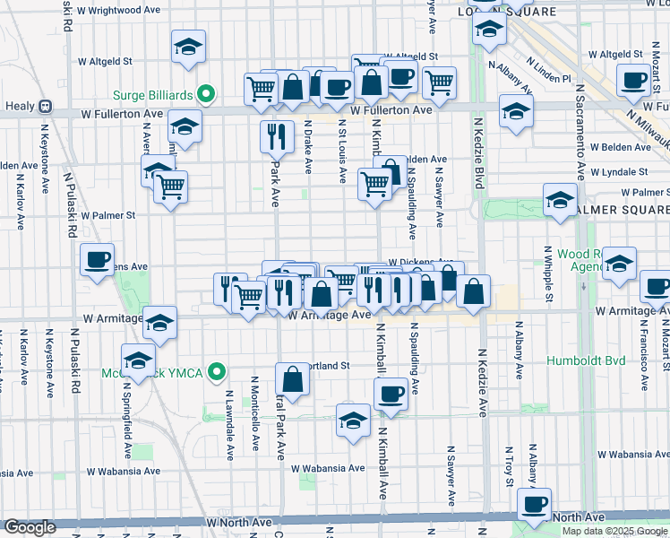 map of restaurants, bars, coffee shops, grocery stores, and more near 3509 West Dickens Avenue in Chicago