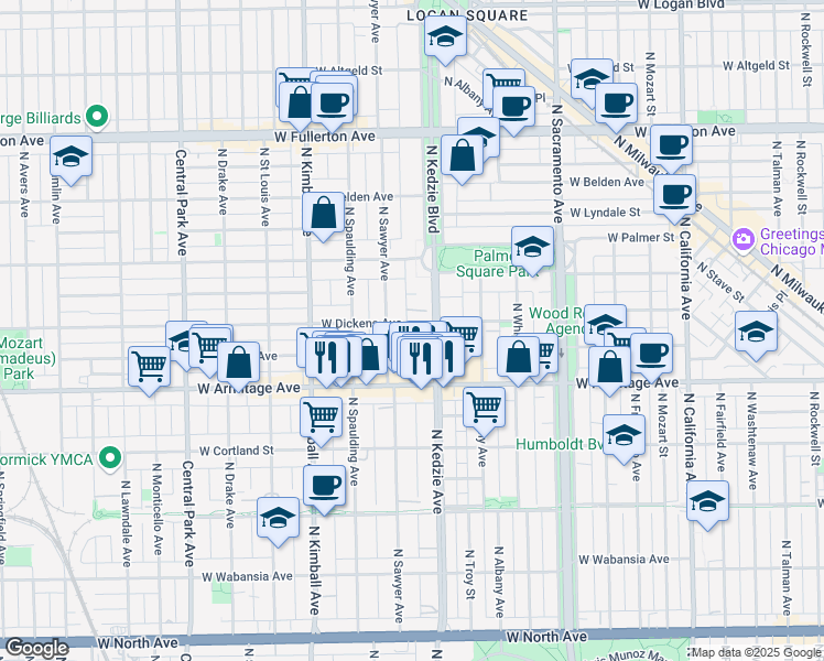 map of restaurants, bars, coffee shops, grocery stores, and more near 3221 West Dickens Avenue in Chicago