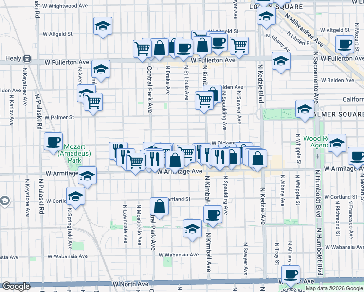 map of restaurants, bars, coffee shops, grocery stores, and more near 3511 West Dickens Avenue in Chicago