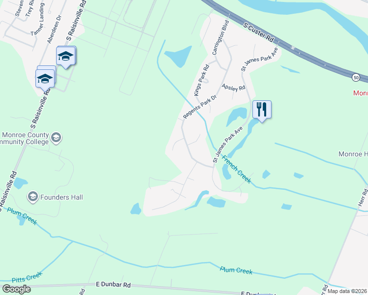 map of restaurants, bars, coffee shops, grocery stores, and more near 986 Regents Park Drive in Monroe