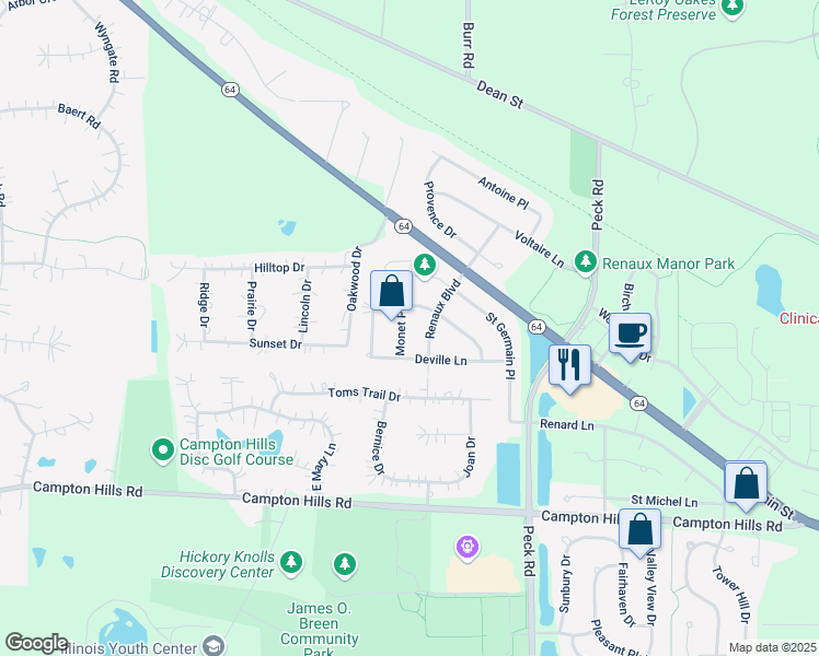 map of restaurants, bars, coffee shops, grocery stores, and more near 166 Monet Place in St. Charles