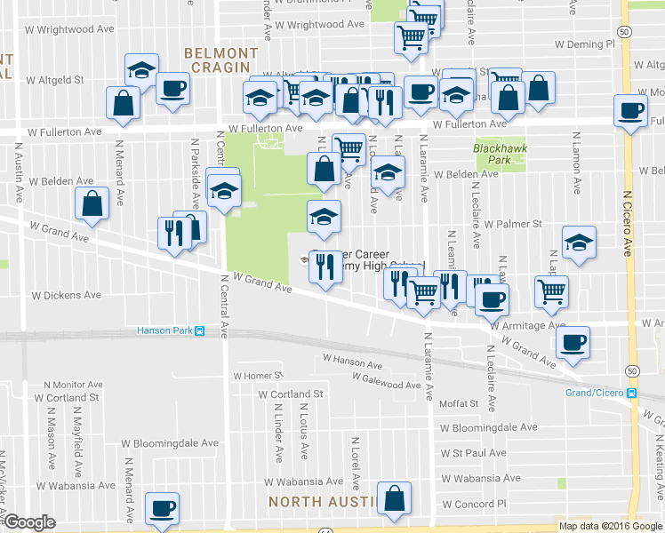 map of restaurants, bars, coffee shops, grocery stores, and more near 2111 North Long Avenue in Chicago