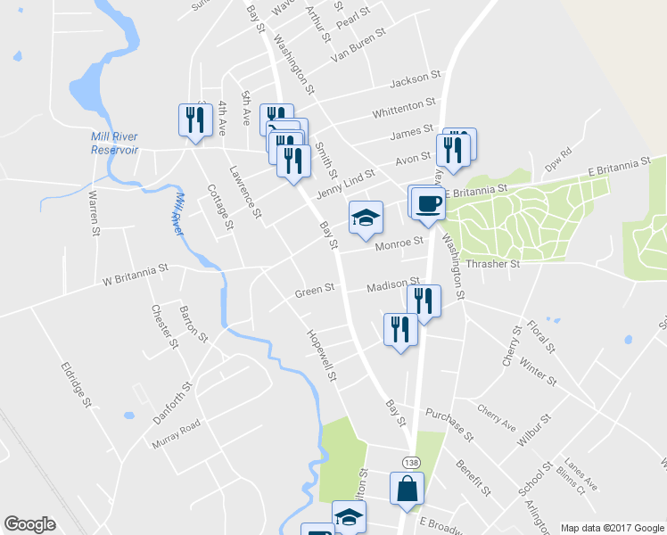 map of restaurants, bars, coffee shops, grocery stores, and more near 264 Bay Street in Taunton