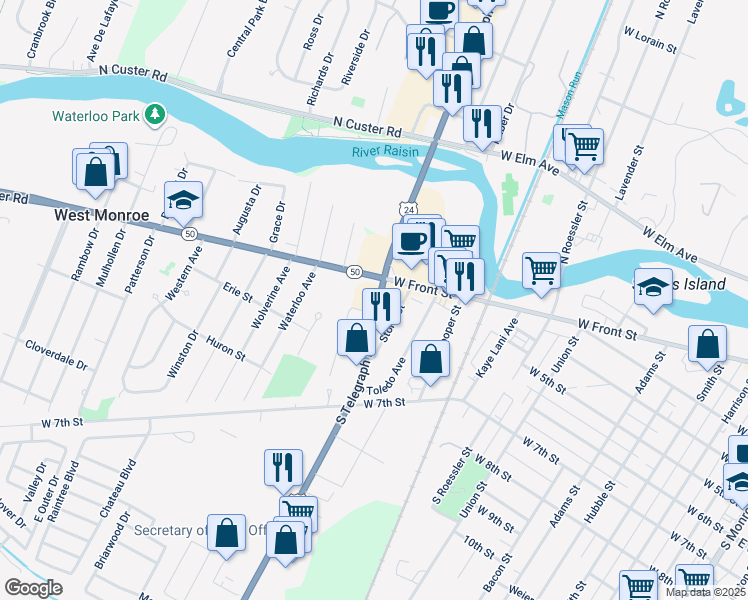 map of restaurants, bars, coffee shops, grocery stores, and more near 507 South Telegraph Road in Monroe