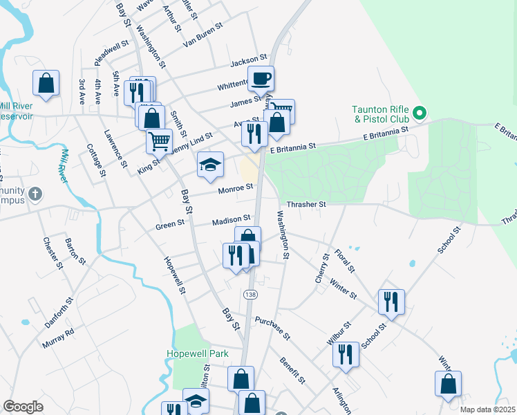 map of restaurants, bars, coffee shops, grocery stores, and more near in Taunton