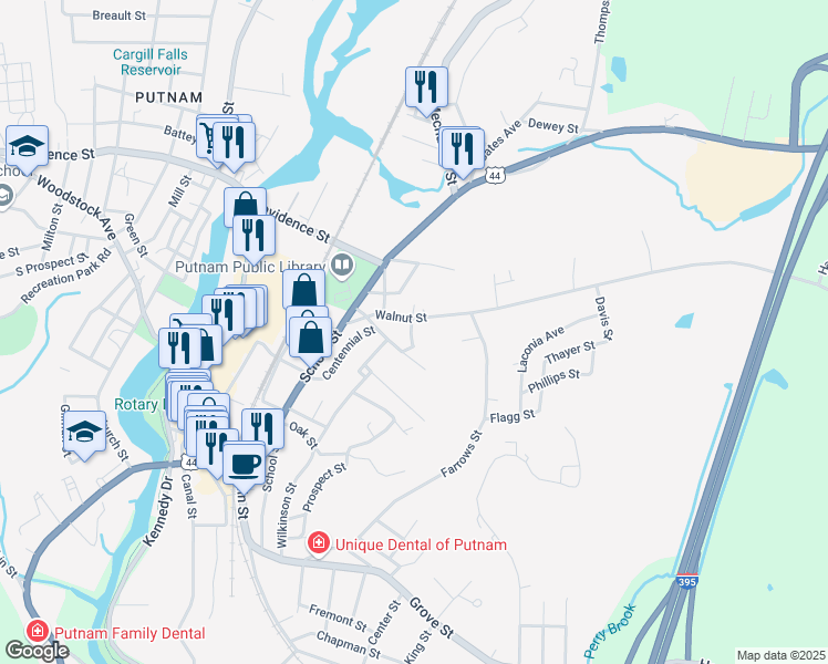 map of restaurants, bars, coffee shops, grocery stores, and more near 30 Chassey Street in Putnam