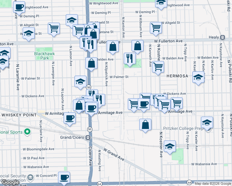 map of restaurants, bars, coffee shops, grocery stores, and more near 4622 West Dickens Avenue in Chicago