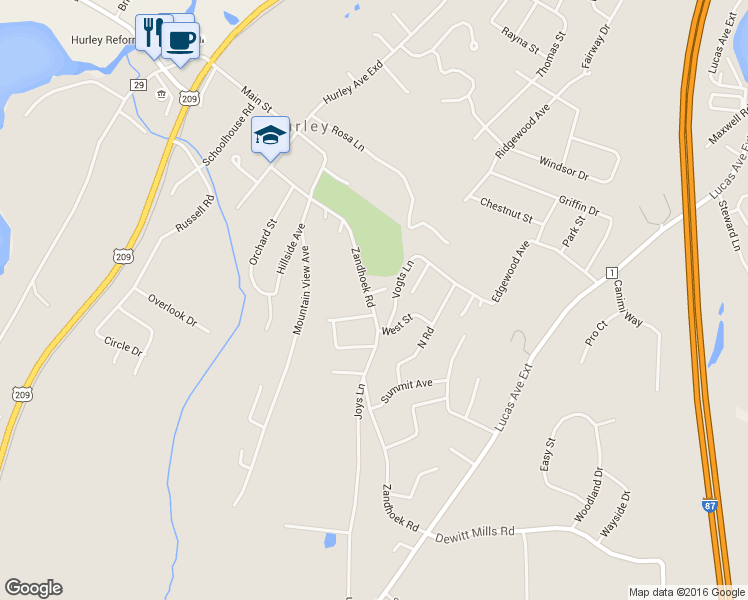 map of restaurants, bars, coffee shops, grocery stores, and more near 104 Benson Court in Hurley